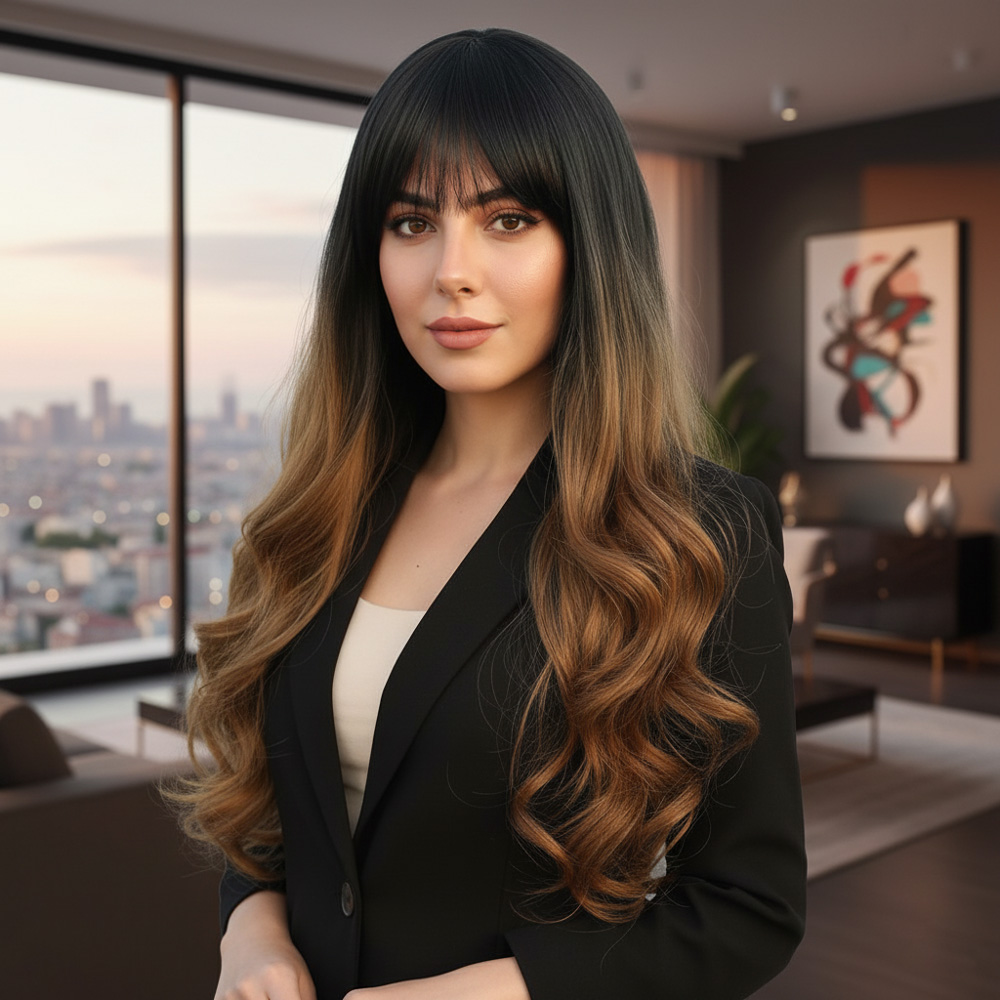 Kahküllü Uzun Dalgalı Fiber Sentetik Peruk - Siyah / Karamel Ombreli