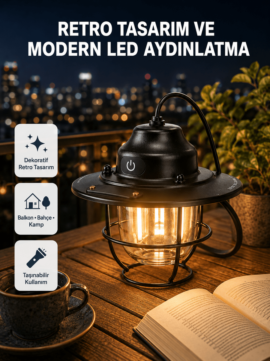 Retro Kamp Lambası Su Geçirmez Taşınabilir Gece Işığı Uzun Pil Ömürlü