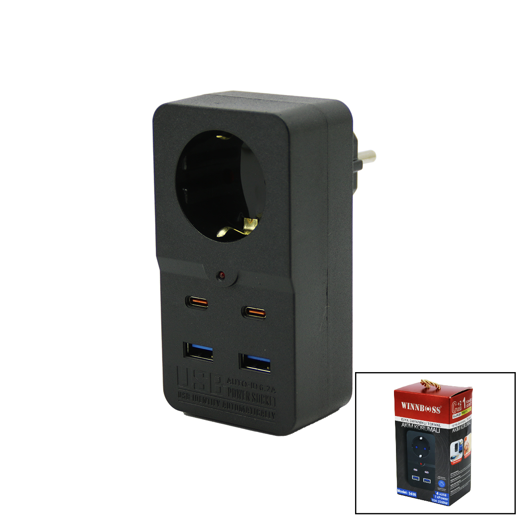 TERMAL AKIM KORUMALI 1XPRİZ 2X USB 2X TYPE-C DUVAR TİPİ PRİZ SİYAH 10A - 2500W