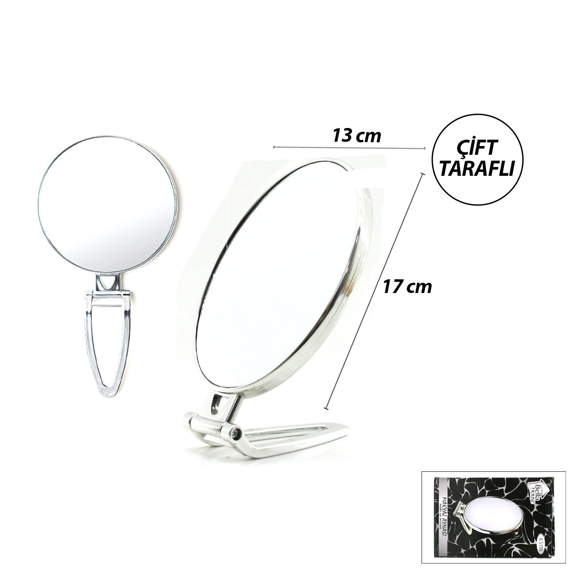 OVAL - GÜMÜŞ 6.5 INC=16.5X13CM MAKYAJ AYNASI ÇİFT TARAFLI KATLANIR AYAKLI
