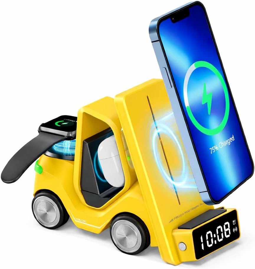 T20 15W 5'i 1 Arada Magsafe Kablosuz Şarj İstasyonu, Dijital Saatli Forklift Tasarım, iPhone 16/15/14/13/12, Apple Watch, AirPods Uyumlu Masaüstü Hızlı Şarj Standı (Sarı)