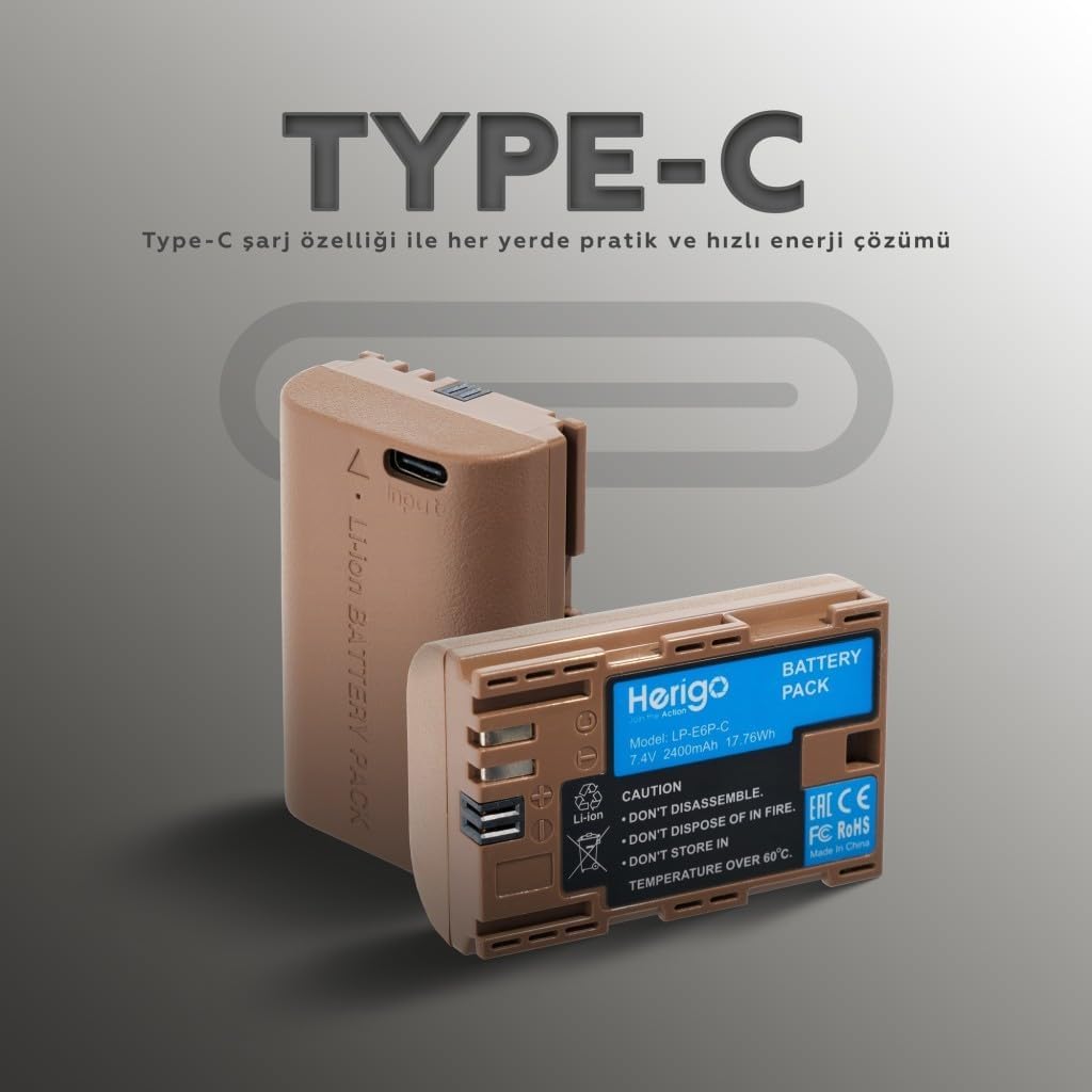 LP-E6P-C 2400mAh Type-C Şarjlı Batarya (LP-E6 Uyumlu)