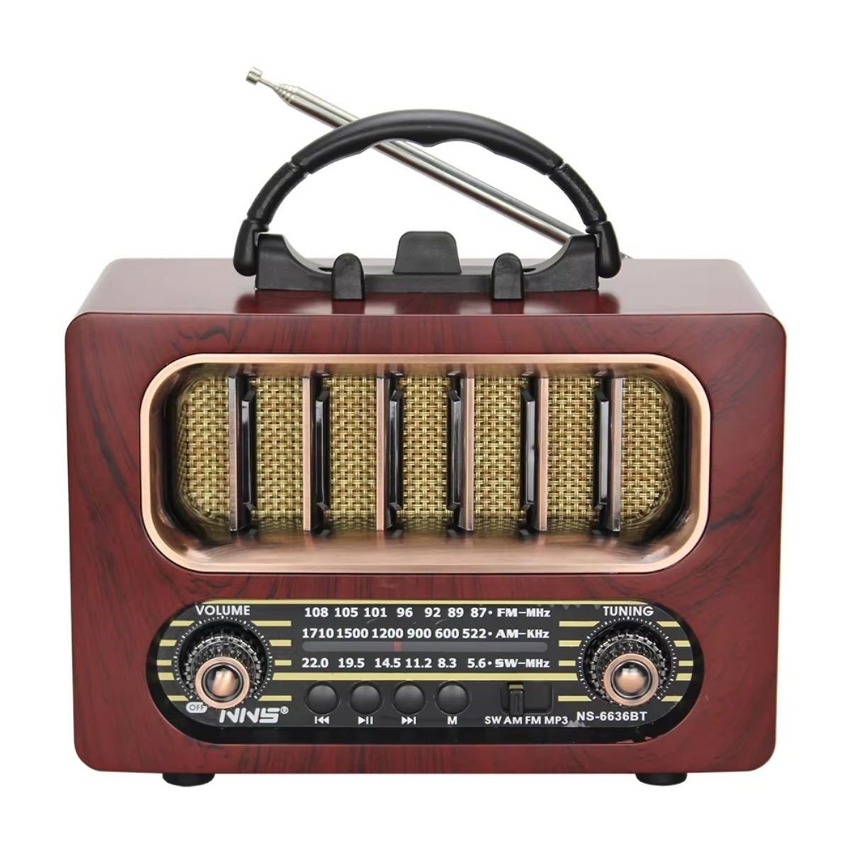 Orta Boy Retro Ahşap Tasarım Bluetooth Hoparlörlü Radyo – FM/AM Destekli, Şarjlı ve Taşınabiliri Radyo NS-6636