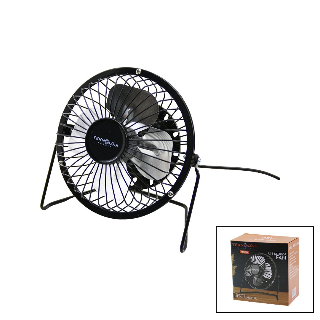 USB - MİNİ FAN METAL KASA - AYAK=360 DERECE MASA ÜSTÜ VANTİLATÖR 4-METAL PERVANE 13.5X11X15CM5V-2.5W