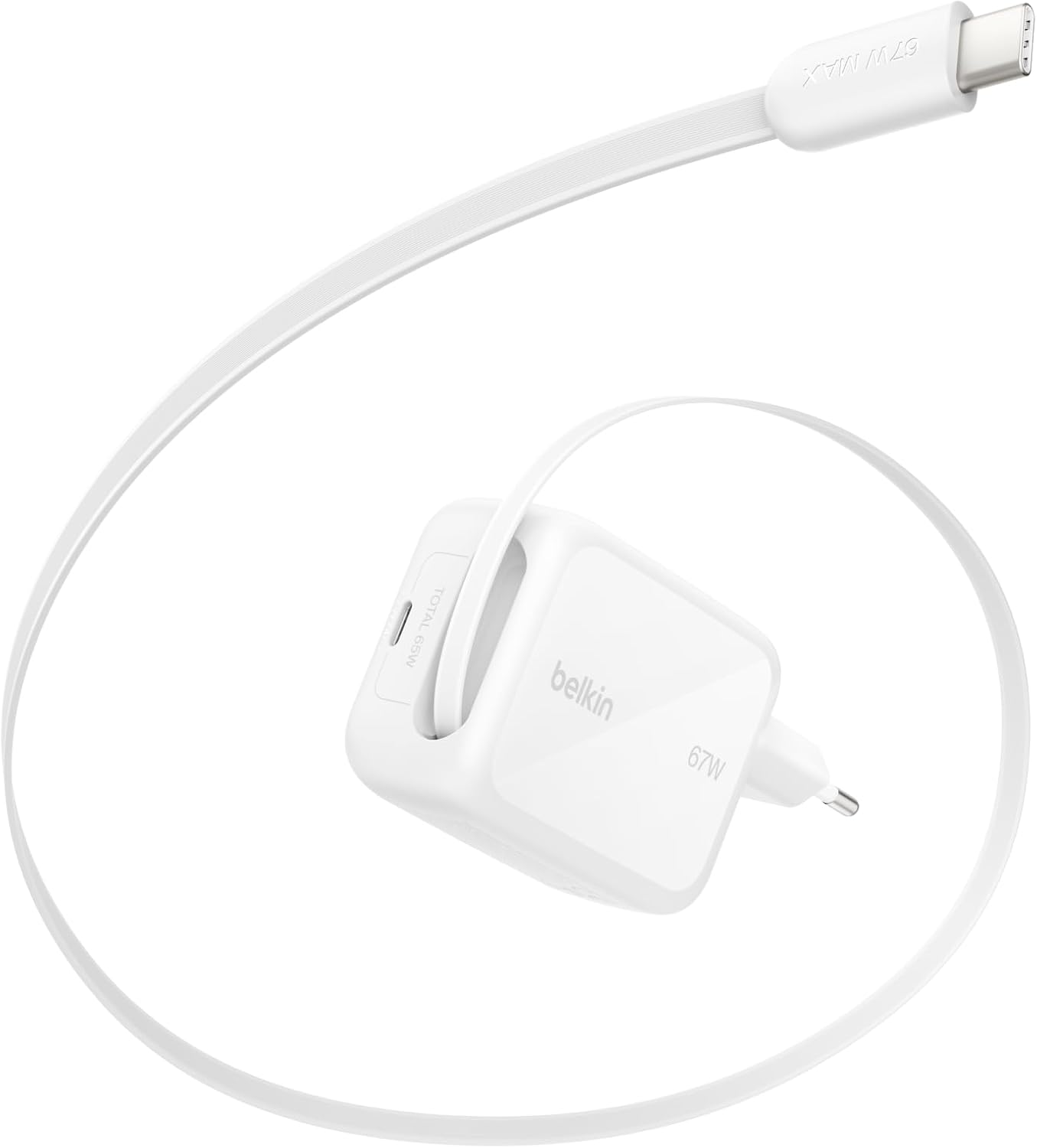 USB-C Şarj Fişi 67 W, 1 m Geri Çekilebilir USB-C Kablo, USB C Bağlantı Noktası, GaN iPhone Şarj Cihazı, iPhone 17 ve 16 Serisi, Galaxy S26 Serisi, AirPods, Tablet, MacBook, Chromebook için