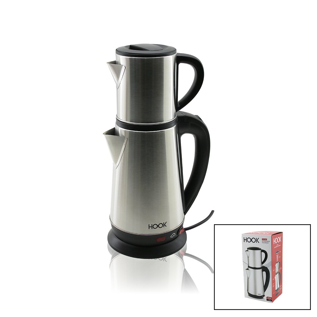 ELEKTRİKLİ ÇAY MAKİNESİ ÇAYCI SET 1.8LT SU ISITICI PLS.+ 0.8LT DEMLİK ÇELİK TABAN 1800W 360 DERECE GÖVDE HK-509