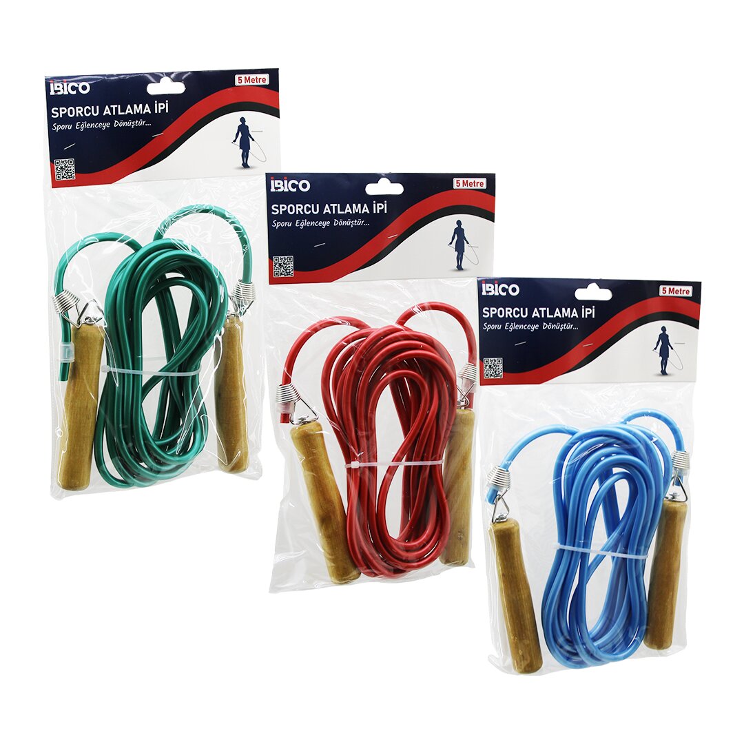 AHŞAP SAPLI PVC ATLAMA İPİ RENKLİ 5MT