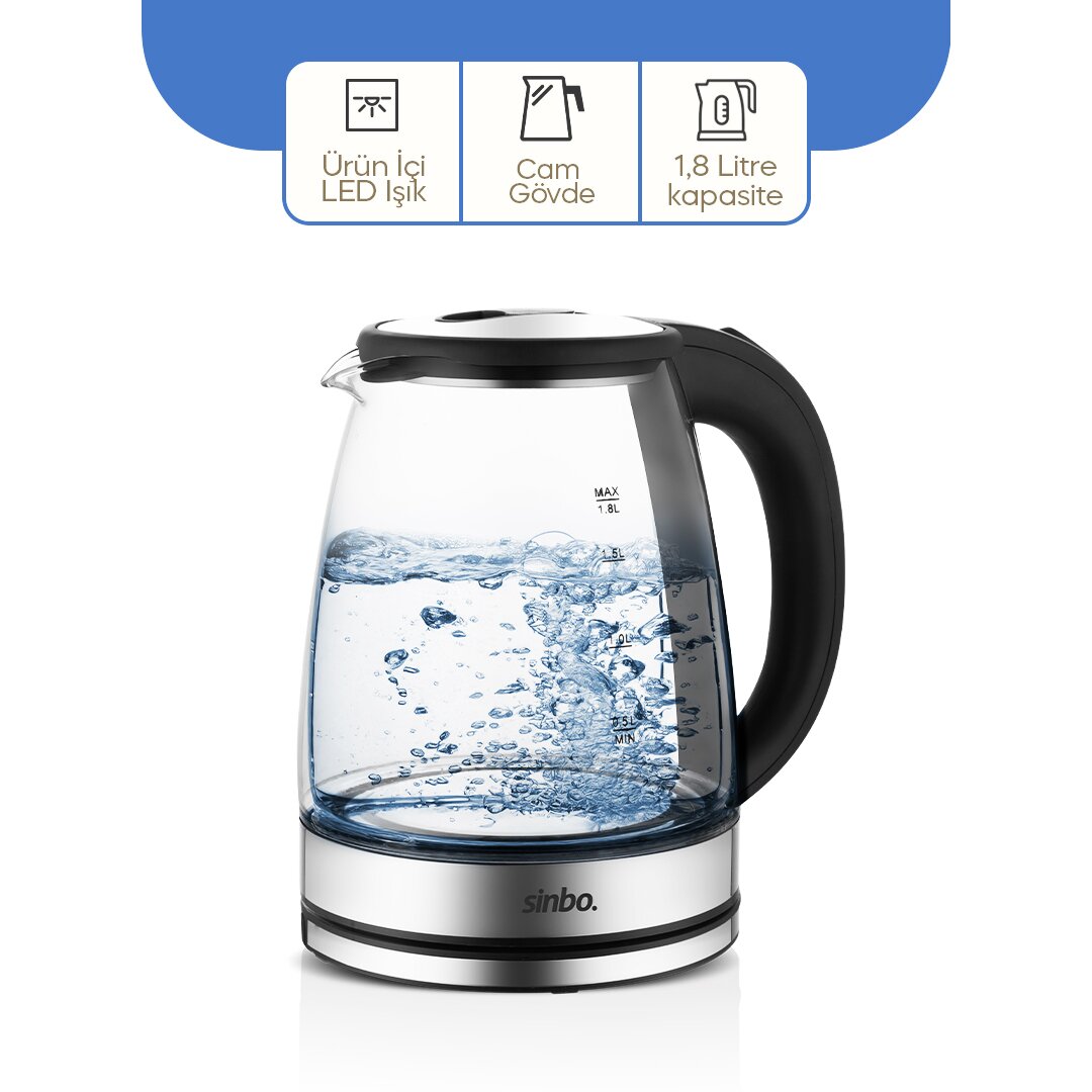 CAM - LEDLİ KETTLE 1.8LT GİZLİ REZİSTANS - KABLOSUZ 360 DERECE GÖVDE 1500W SK-8033