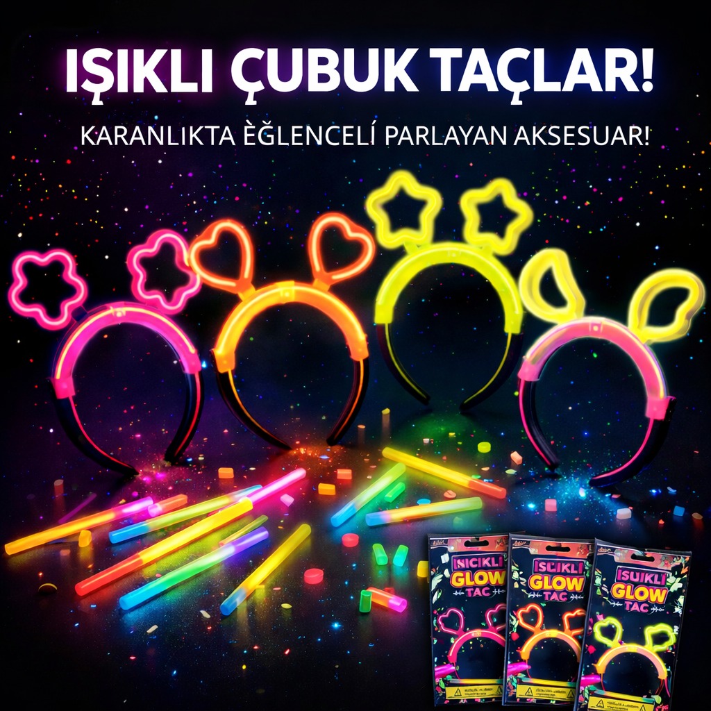 Karanlıkta Parlayan Glow Taç Seti 12 Adet – Yıldız Kalp Ay Çiçek (Her Model 3 Adet)