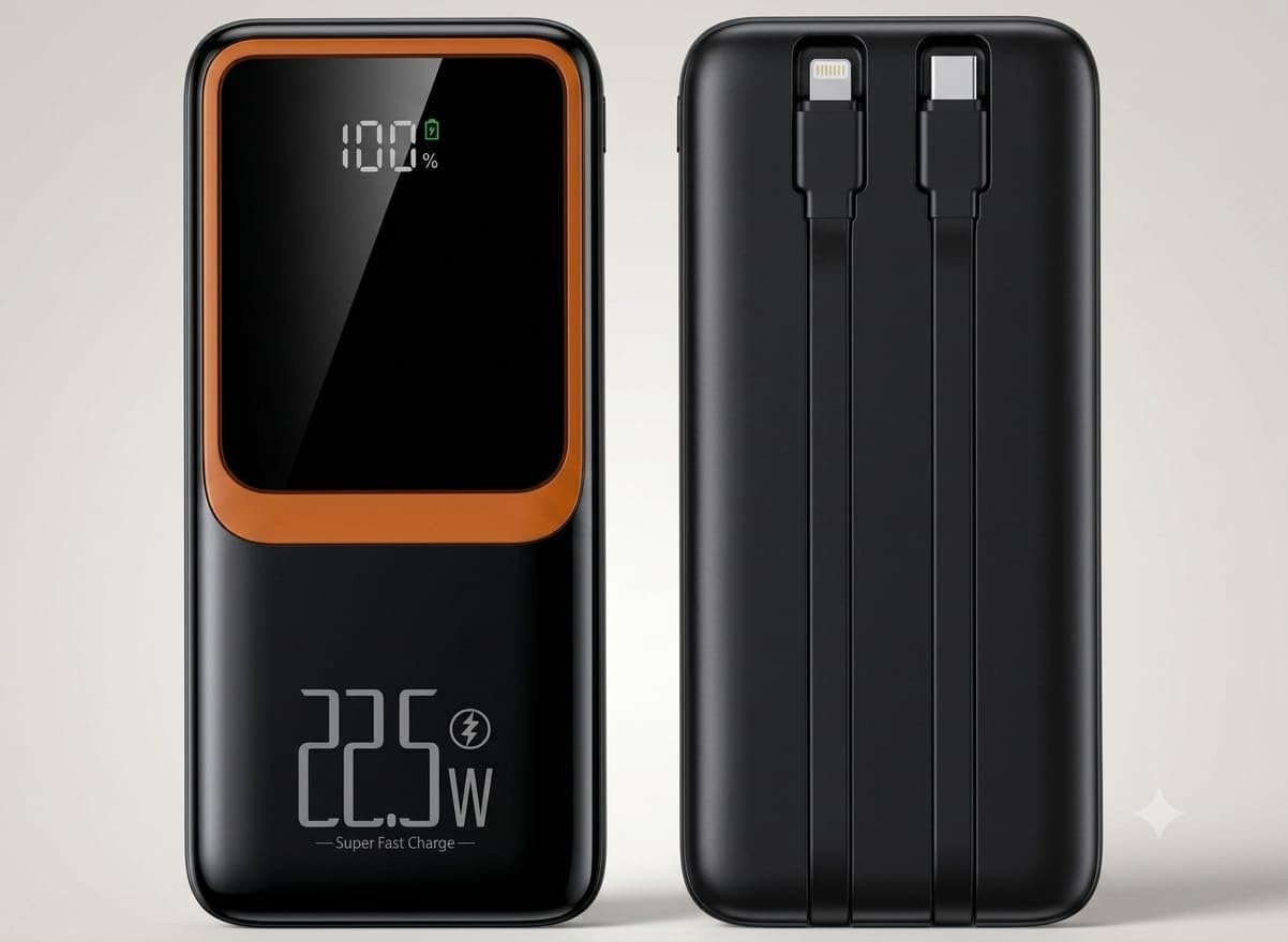 H32 10000 mah power bank PD 20W ve USB 22.5W FAST HIZLI ŞARJ DAHİLİ TYPE C VE LİGHTNİNG KABLOLU DÜNYA STANDARTLARINA UYGUN POLYMER BATARYA BİREBİR AMPER LCD GÖSTERGELİ POWERBANK (SİYAH)