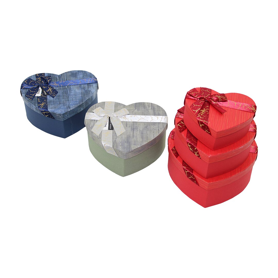3PCS KALP ÇİZGİLİ MİX RENKLİ - KABARTMA DESEN KARTON HEDİYE KUTUSU KURDELALI 22X20-19X17-16X14CM