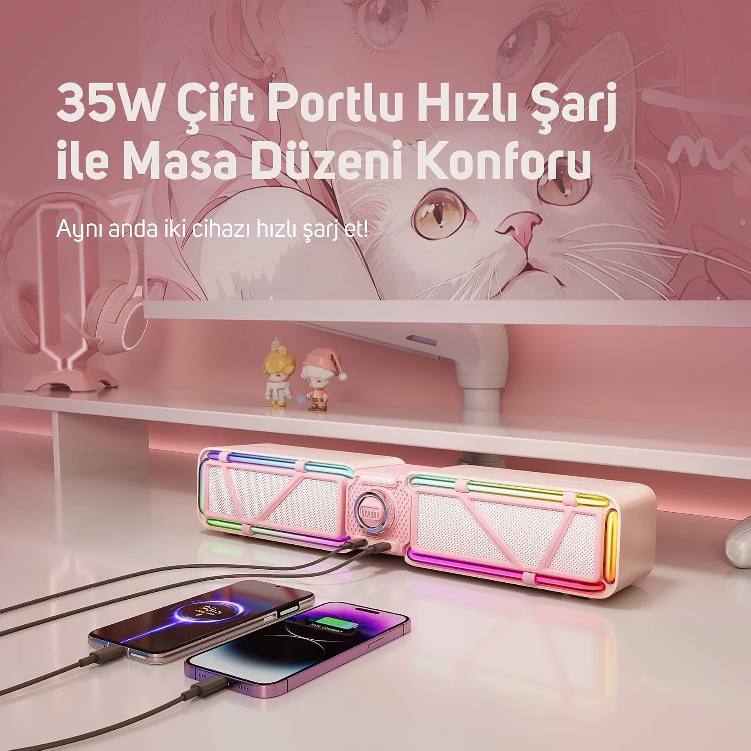 D-base 30W Masaüstü Bluetooth Gaming Hoparlör, Rgb Işıklı, Çift Portlu 35W Hızlı Şarj, USB/Aux/Bluetooth6.0 (Pembe)
