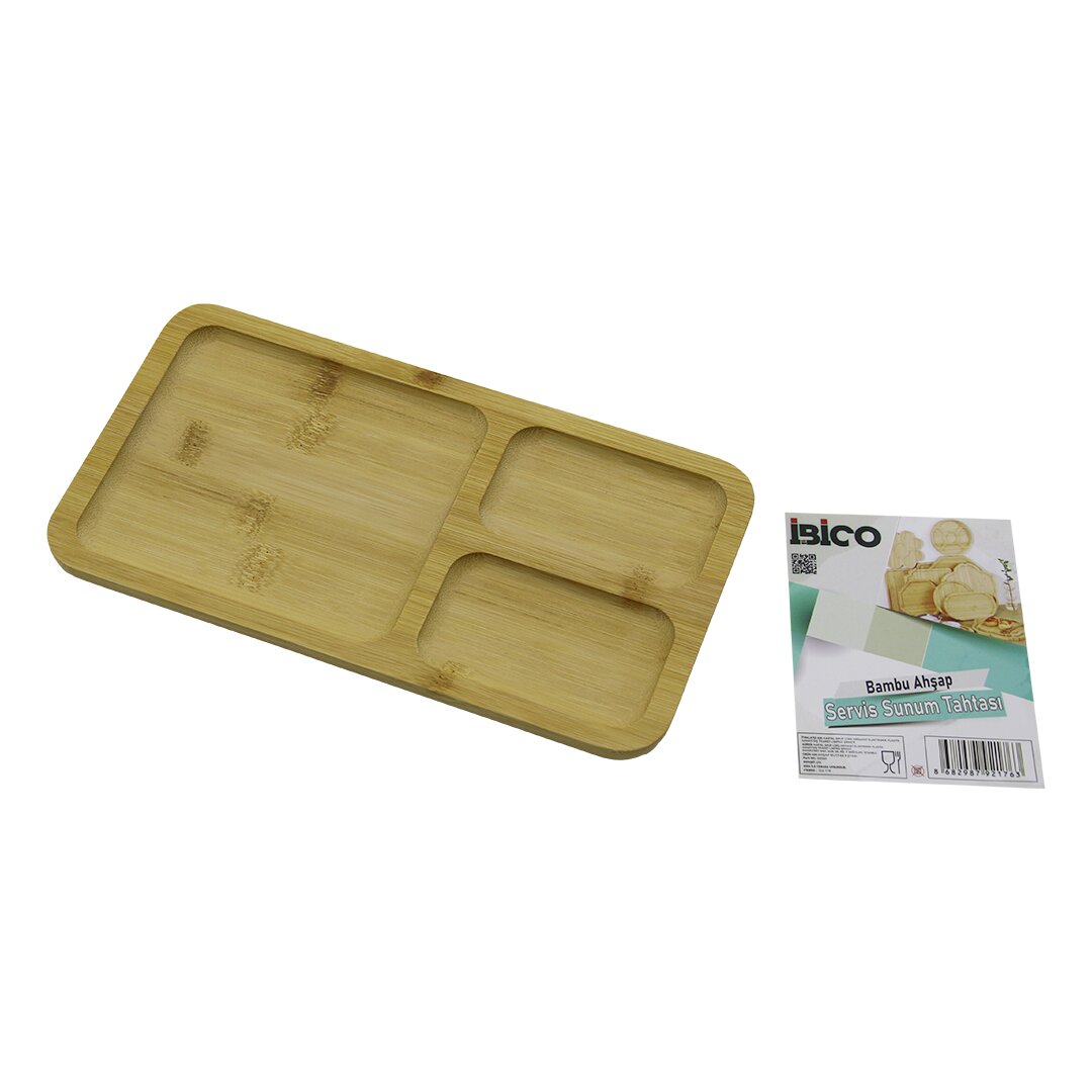 DİKDÖRTGEN 3 BÖLMELİ=2+1 AHŞAP BAMBU SERVİS SUNUM TEPSİ - TAHTASI 24.8 X 13.8 X 1.4CM