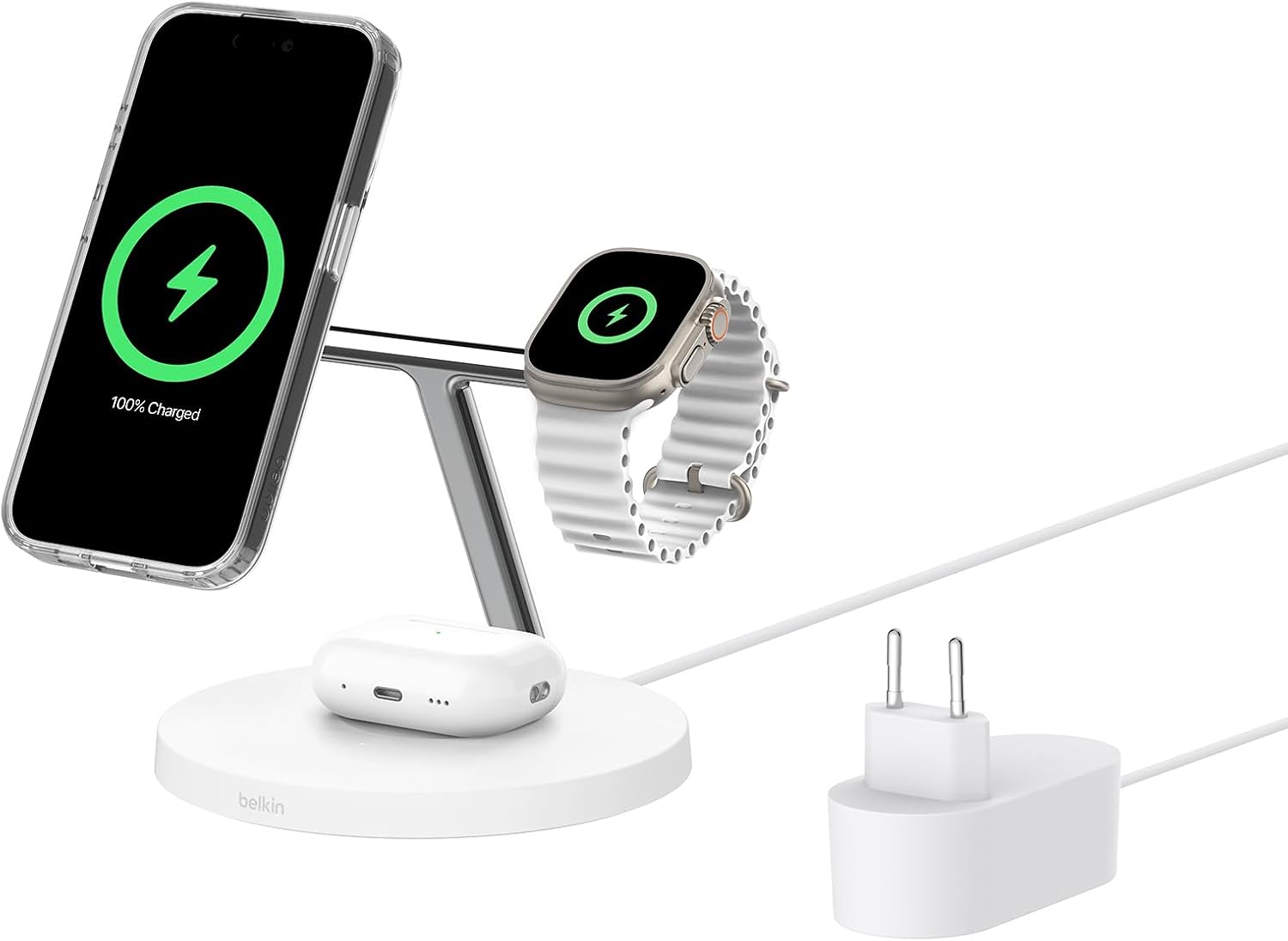 BoostCharge 3'ü 1 Arada Qi2 şarj cihazı, MagSafe uyumlu kablosuz şarj istasyonu, Apple iPhone 17 Serisi, Apple Watch, Kaymaz Tabanlı AirPods için Qi2 Kablosuz Şarj Aleti, PSU Dahil - Beyaz