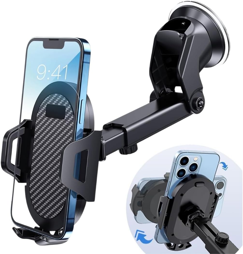 Araç Telefon Tutucu – ® 360° Dönebilir Vantuzlu, Şok Emici, Tek Tuşla Sabitleme, Ultra Güçlü Vakum, 4.7”–7” Telefonlar için Uyumlu