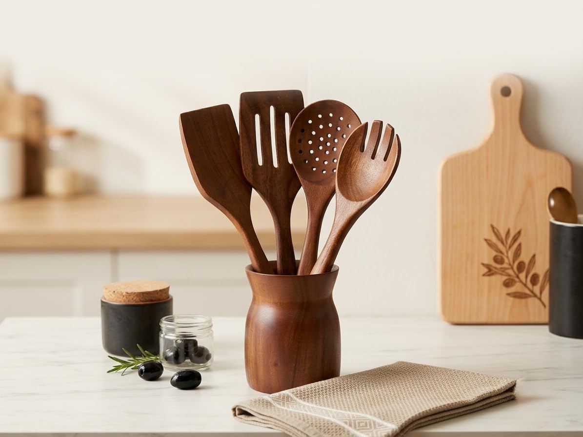 Premium Akasya Ağacı Mutfak Gereçleri Seti - 4 Parça Kaşık/Spatula Seti ve Şık Ahşap Tutucu - Gıdayla Temasa Uygun, Doğal ve Antibakteriyel - Mutfak İçin Ergonomik Tasarım