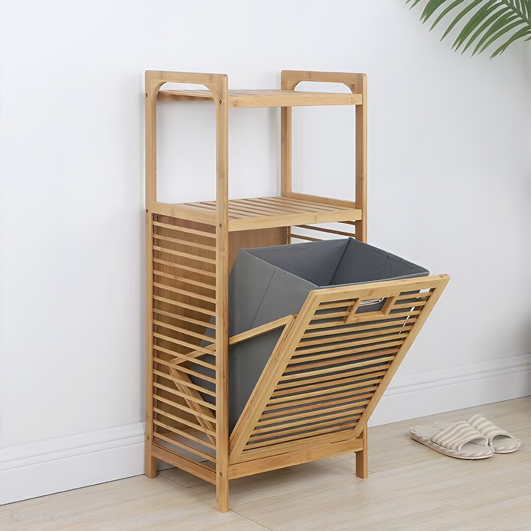 2 ORGANİZER RAFLI - ÇEK AÇ SEPET AHŞAP BAMBU KİRLİ ÇAMAŞIR SEPET 40X35X95CM