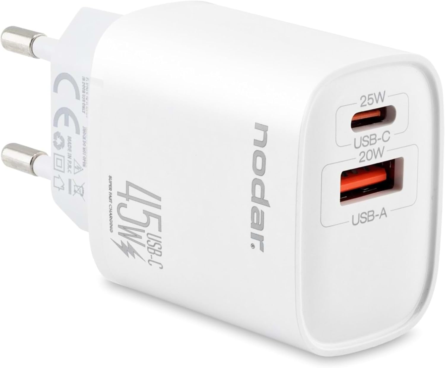 45W Çift Çıkışlı Hızlı Şarj Adaptörü (Type-C 25W + USB-A 20W), Güvenli Seyahat Şarj Başlığı, iPhone, Samsung ve Xiaomi ile Uyumlu, Beyaz