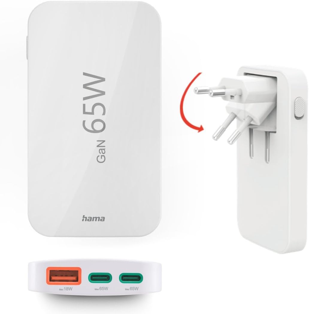 USB C şarj cihazı (hızlı şarj cihazı 65 Watt, priz için şarj fişi 2 x USB-C, 1 x USB-A, cep telefonu, dizüstü bilgisayar, tablet için, Power Delivery destekler, GaN teknolojili çoklu USB şarj