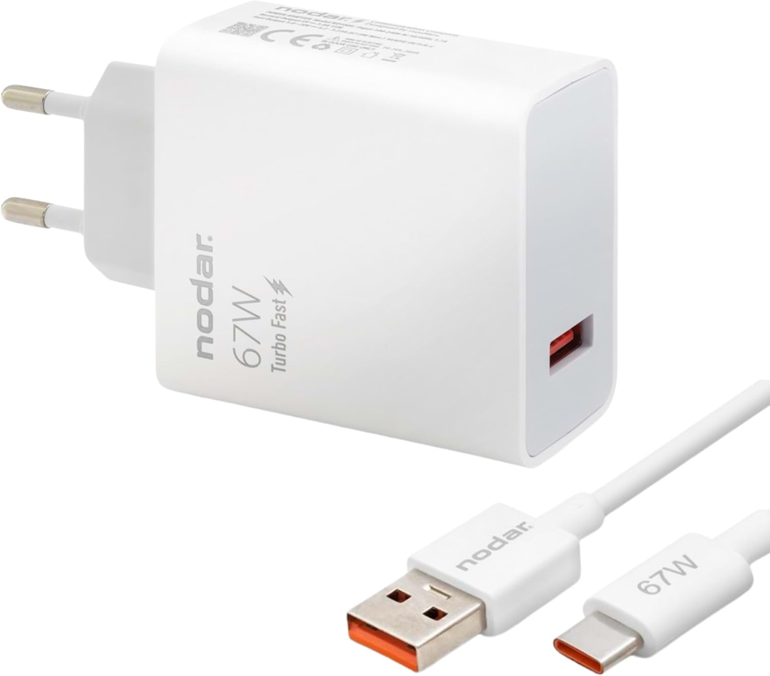 67W Turbo Fast Hızlı Şarj Seti (USB-A 67W Şarj Başlığı + Type-C Kablo), Turbo Şarj Uyumlu, Akıllı Akım Destekli Güvenli Şarj Aleti, Parlak Beyaz
