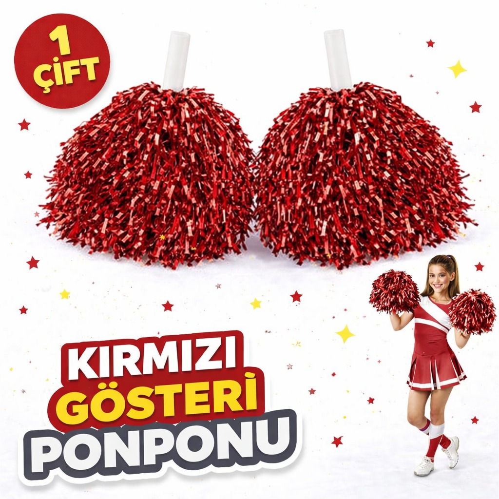 1 Çift ( 2 Adet ) Kırmızı Renk 23 Nisan 19 Mayıs 29 Ekim Okul Gösteri Ponponları Ekstra Dolgun
