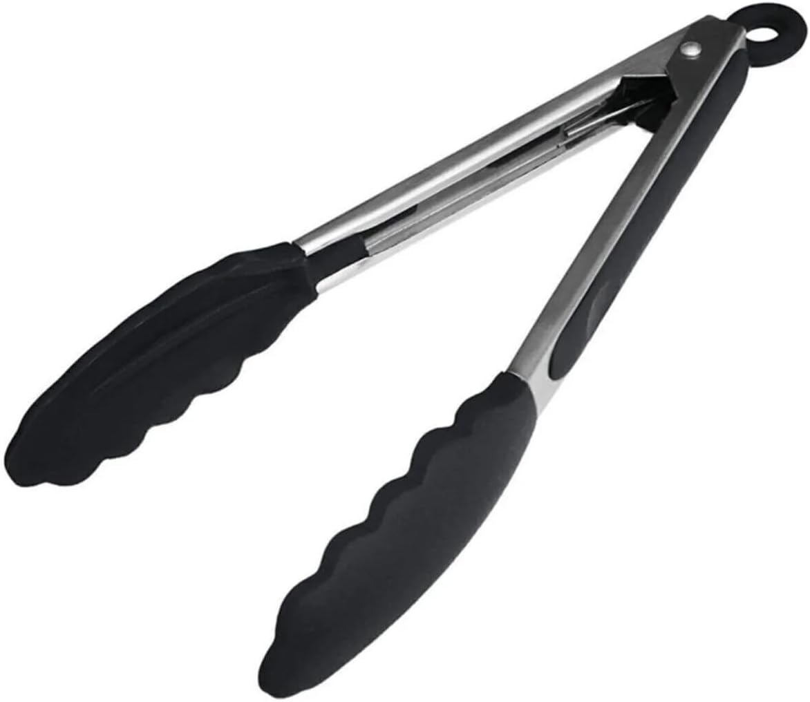 Silikon Uçlu Metal Maşa, 23 cm, Siyah, BPA Free, Yanmaz Yapışmaz Kaplama, Ergonomik Tasarım, Mutfak ve Mangal İçin