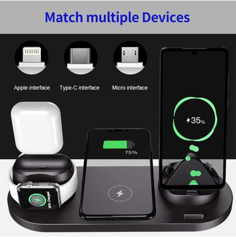 BW06 5in1 Kablosuz Wireless Hızlı Şarj Standı iWatch Airpods iPhone Samsung Uyumlu (Kablosuz Şarj Standı) -Siyah