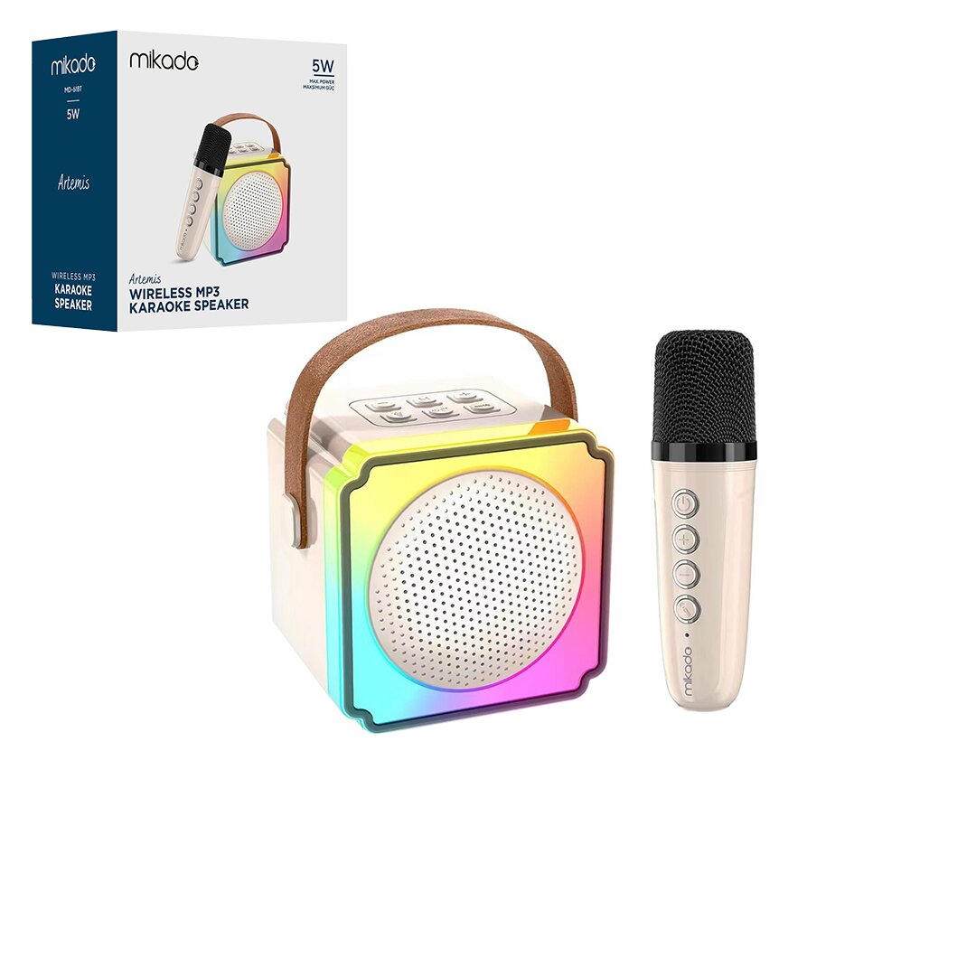 BEYAZ KARAOKE MİKROFONLU WİRELESS HOPARLÖR - SPEAKER IŞIKLI USB ŞARJLI BT - TF CARD - AUX 5W