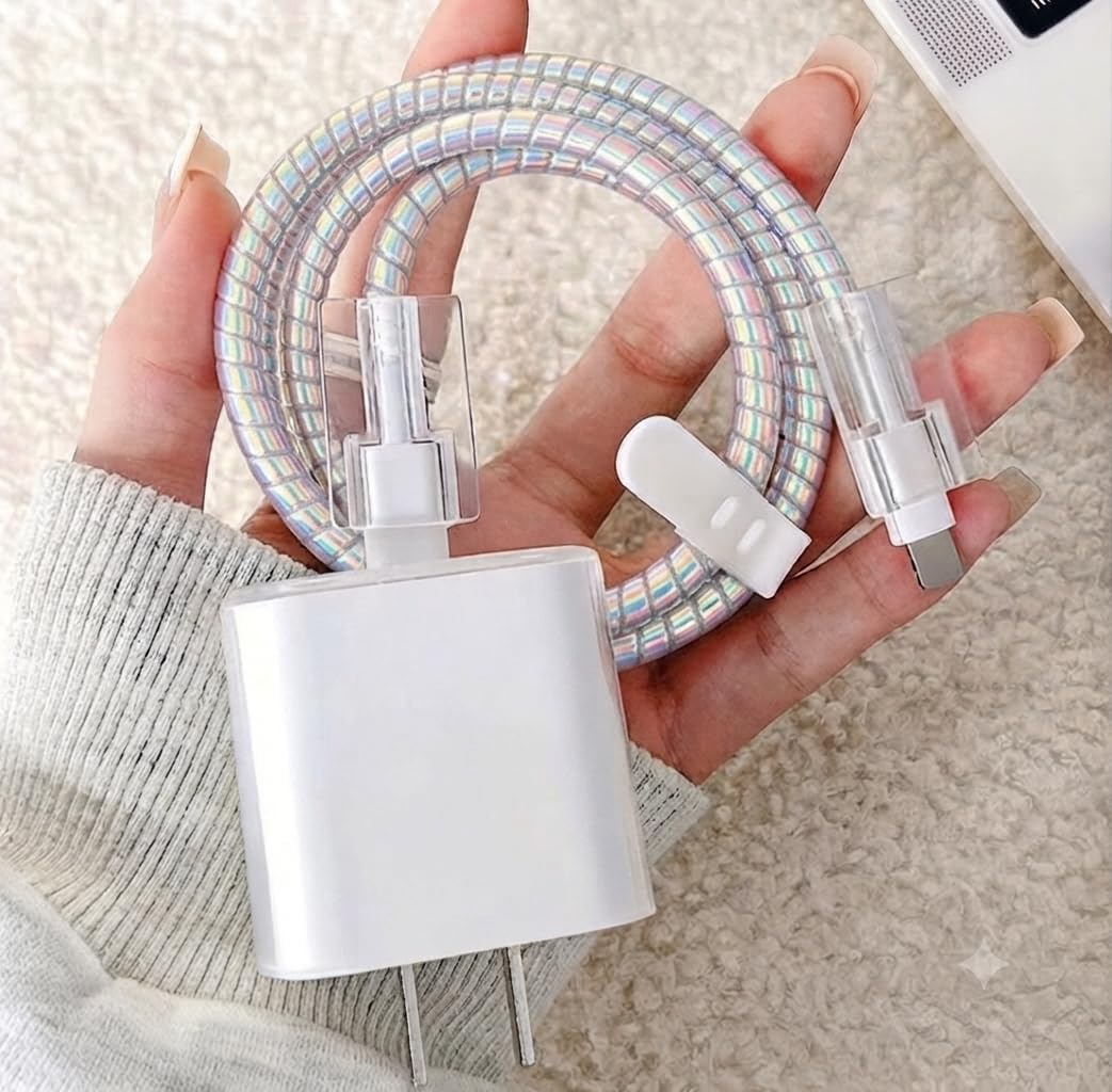 (ŞARJ KORUYUCU SET) 18/20W USB-C Güç Adaptörü iPhone ile Uyumlu Silikon Koruyucu Kılıf Seti + Evrensel Şarj Kablosu Koruyucu Seti, Darbe ve Kırılma Önleyici