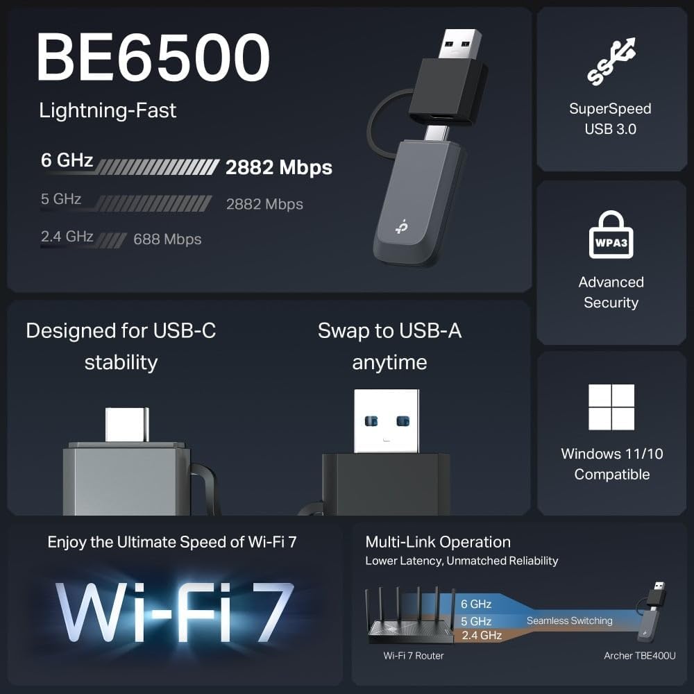 Archer TBE400U USB 3.0 Wi-Fi 7 Tri-Band Kablosuz Adaptör, BE6500, 6 GHz/5 GHz/2.4 GHz, 72x24x10.8 mm