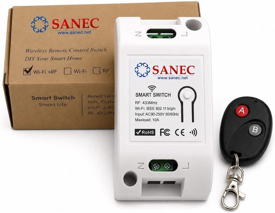 Akıllı WiFi + RF 433MHz Tek Kanallı 10A Röle Modülü - AC 100-240V Şebeke Beslemeli RF Kumandalı Set (Tuya, Alexa, Google Asistan Destekli)