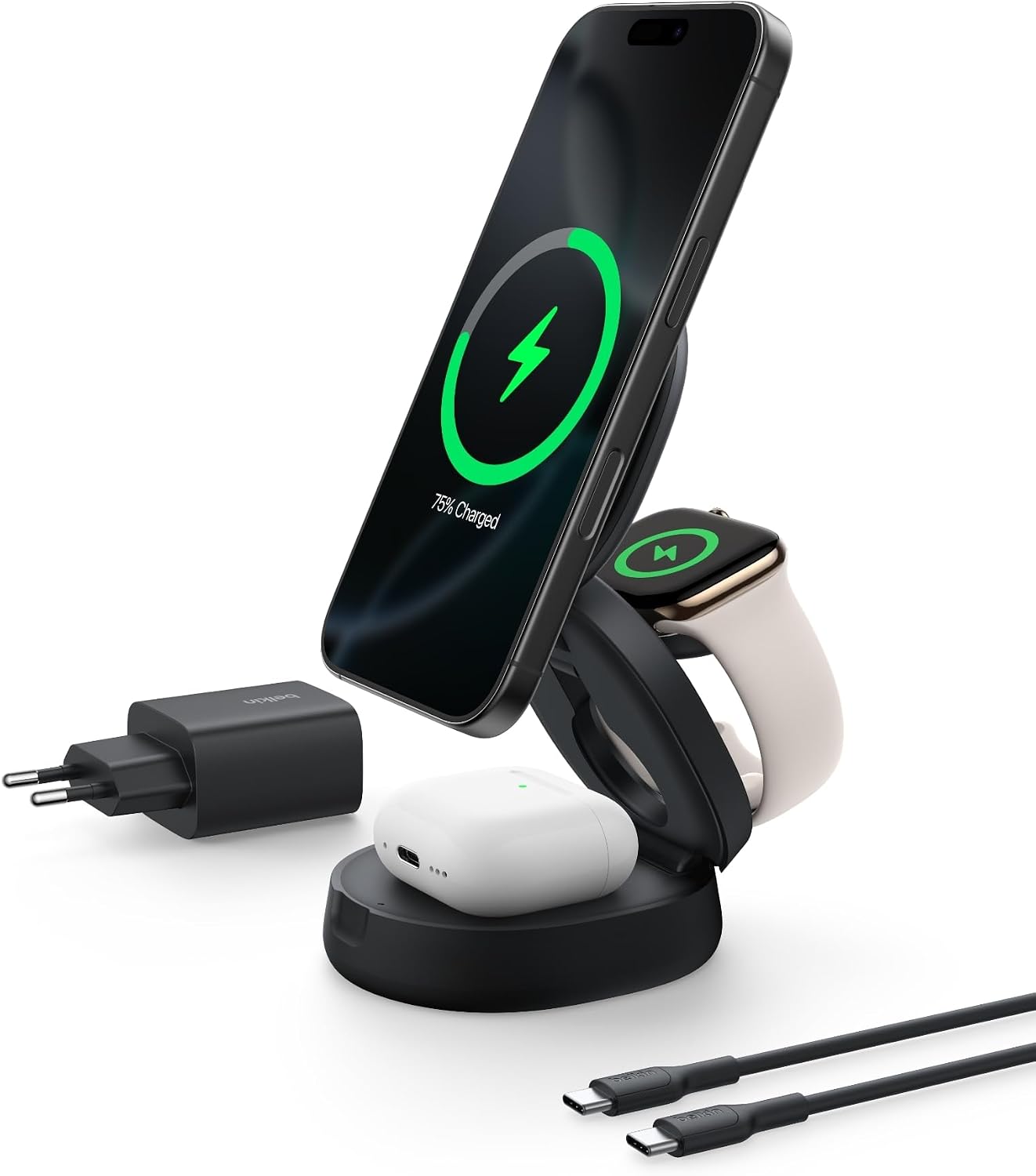 MagSafe Uyumlu Şarj Cihazı, 3'ü 1 Arada Dönüştürülebilir Kablosuz Şarj İstasyonu, iPhone 17, Apple Watch, AirPods için Qi2 sertifikalı 15 W Şarj, 36 W Adaptör Dahil, Siyah