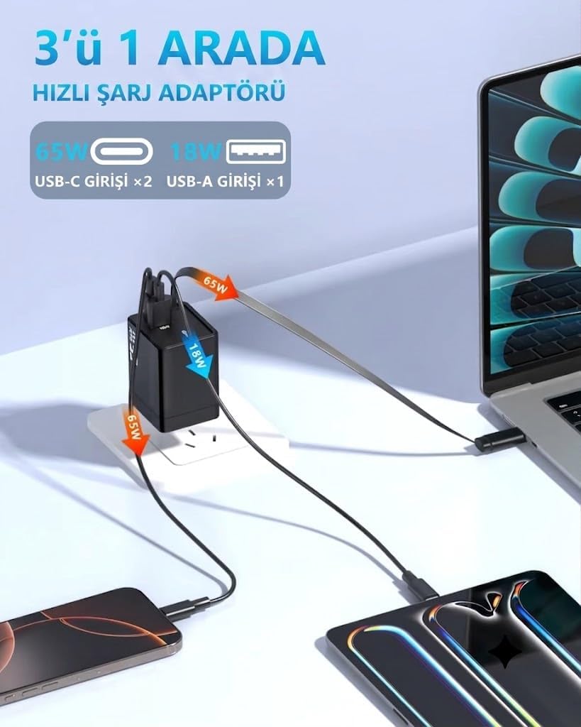 YK83 65W Type-C Süper Hızlı Şarj Adaptörü ile Geri Çekilebilir Kablo