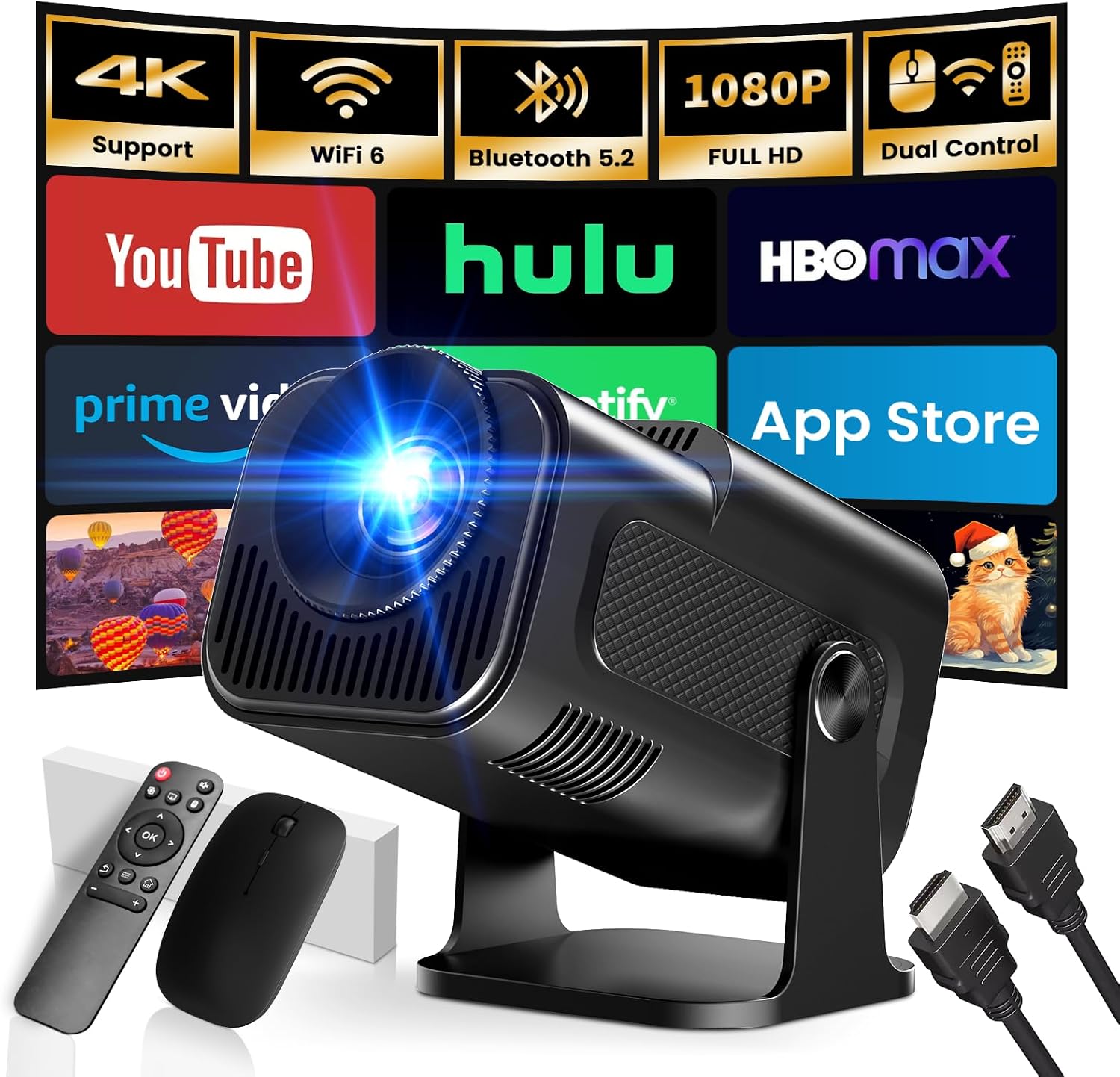 Mini Projeksiyon, 4K FHD 1920x1080P, 180° Döndürülebilir, Taşınabilir, WiFi 6 ve BT 5.2, Android ve iOS, Fare ve Uzak Kumanda, Siyah