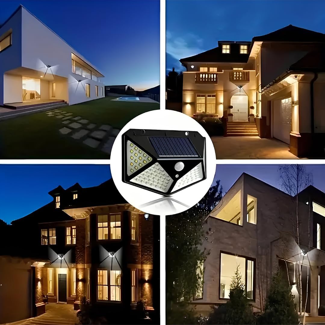 100 LED Solar Güneş Enerjili Dış Mekan Duvar Lambası - Hareket Sensörlü Su Geçirmez Bahçe Aydınlatması, 3 Modlu 120 Derece Geniş Açılı Projektör Aplik