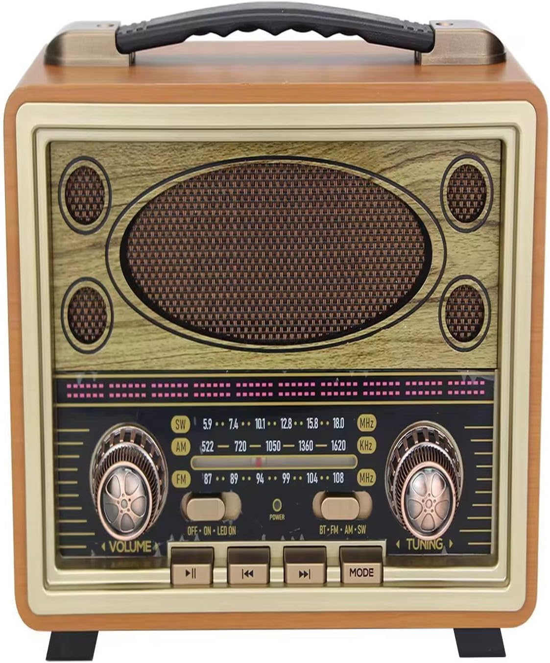 M-2027BT Gerçek Ahşap Eskitme Kaplama Radyo Fm Am Sw USB Tf Aux Destekli Bluetooth Hoparlör, Turuncu