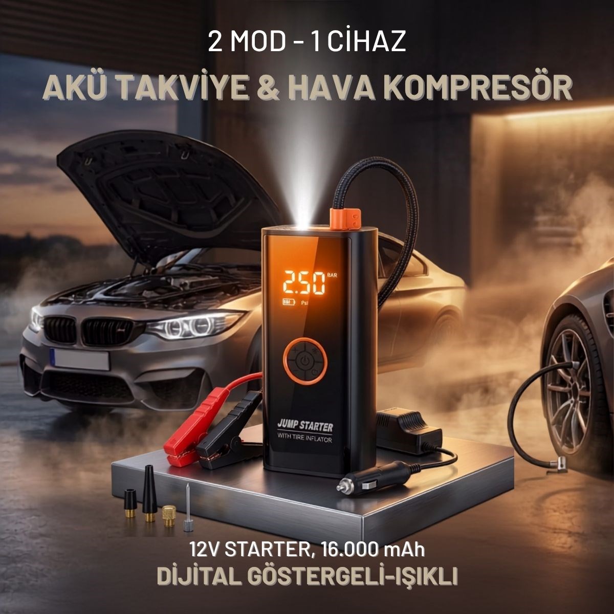 Akü Takviye Cihazı ve Lastik Şişirme Pompası – Powerbank Özellikli, Dijital Ekranlı SOS Fenerli Taşınabilir Kompresör
