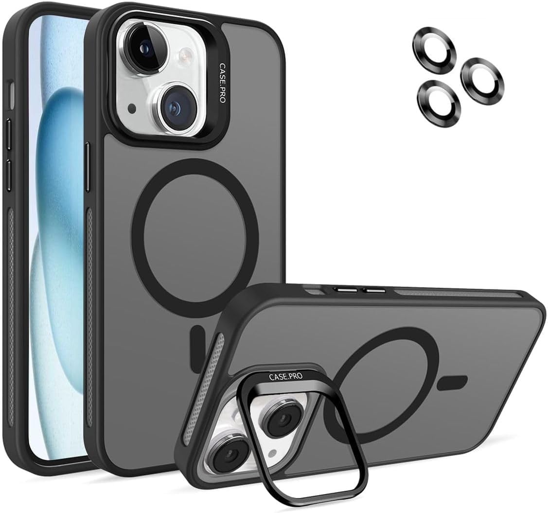 iPhone 13 için Kılıf Kamera Korumalı Magsafe Wireless Şarj Özellikli Lens Hediyeli Mat Şeffaf Renkli Standlı Kılıf (SİYAH)