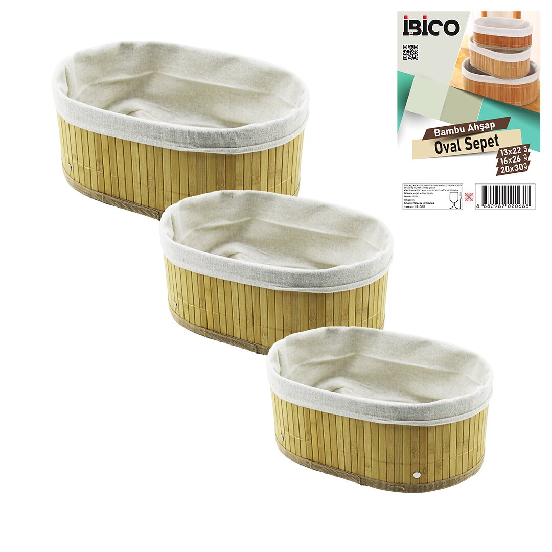 3 BOY OVAL BAMBU KENAR ORGANİZER SEPET AHŞAP ALTLIK - BEZLİ 13X22-16X26-20X30CM