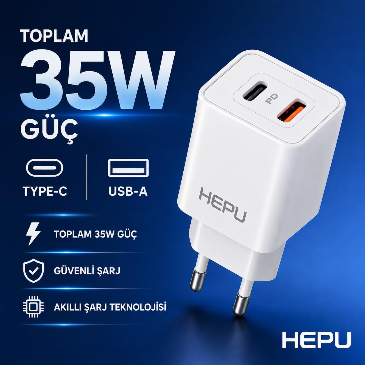 HP-C39 35W USB-C GaN Hızlı Şarj Adaptörü – Type-C Kablo Dahildir Yüksek Verim ve Düşük Isı