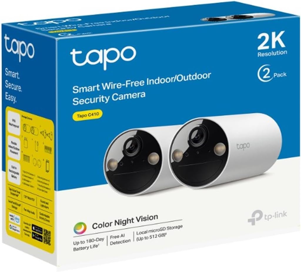 C410 2-pack, 2K 3MP, Renkli Gece Görüşü, Şarj Edilebilir, Solar Panel Destekli, IP65, Yerel/Bulut Depolama, 110° Açılı, Işıklı ve Sesli Alarm, Kablosuz Bataryalı Güvenlik Kamerası
