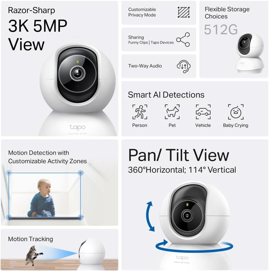 C230, 3K 5MP, Yapay Zeka Desteği, Hareket Takibi, 360°, 12m Gece Görüşü, Çift Yönlü Sesli İletişim, Bulut/Yerel Depolama, Bebek Ağlaması Tespiti,İç Mekan Wi-Fi Güvenlik Kamerası