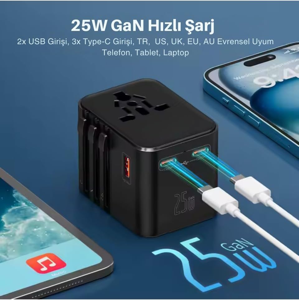 Universal Seyahat Adaptörü, 25W GaN Hızlı Şarj, 2x USB-C + 1x USB-A, Universal Travel Adapter, Priz Dönüştürücü, 200+ Ülke Uyumlu, Çoklu Cihaz Şarj, Kompakt Tasarım