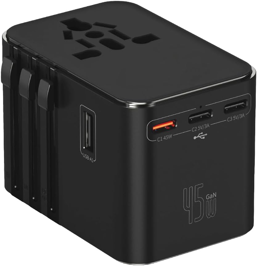 45W Şarj Cihazı ve 2x USB ve 3x TYPE-C Girişli Universal Seyahat Adaptörü, Priz Dönüştürücü 200'den Fazla Ülke ile Uyumlu, ABD, İngiltere, AUS, AB