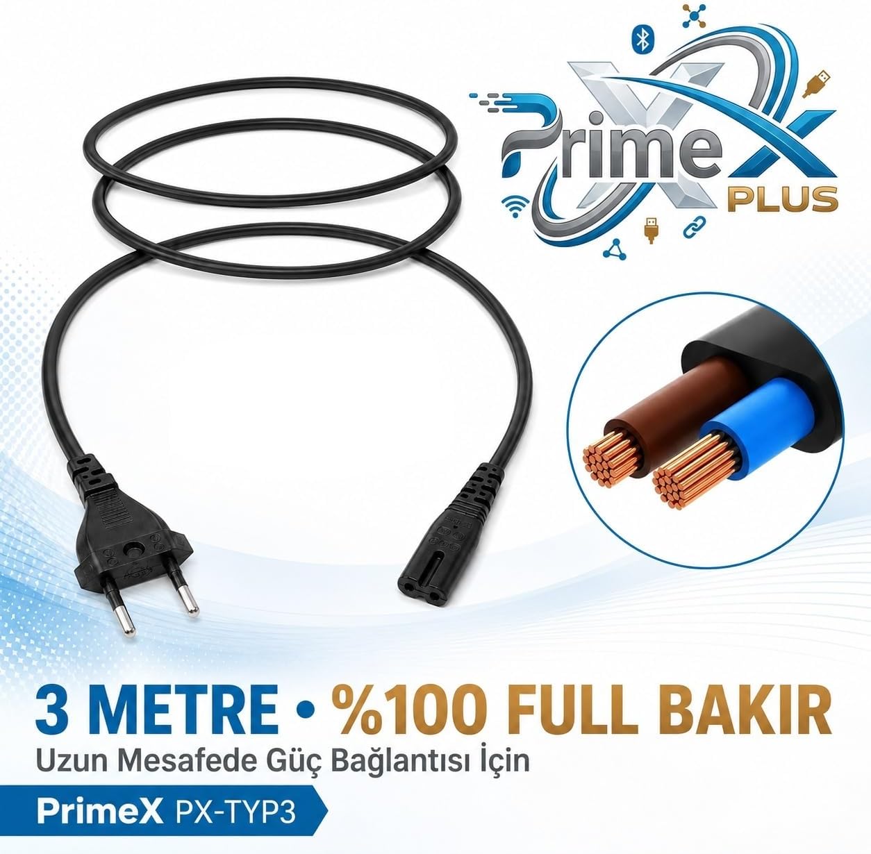 PrimeX PX-TYP3 3 Metre Teyip power Kablo, Teyip kablo 3 metre, 3 Metre TV Power kablo, 3 metre ikili power kablo