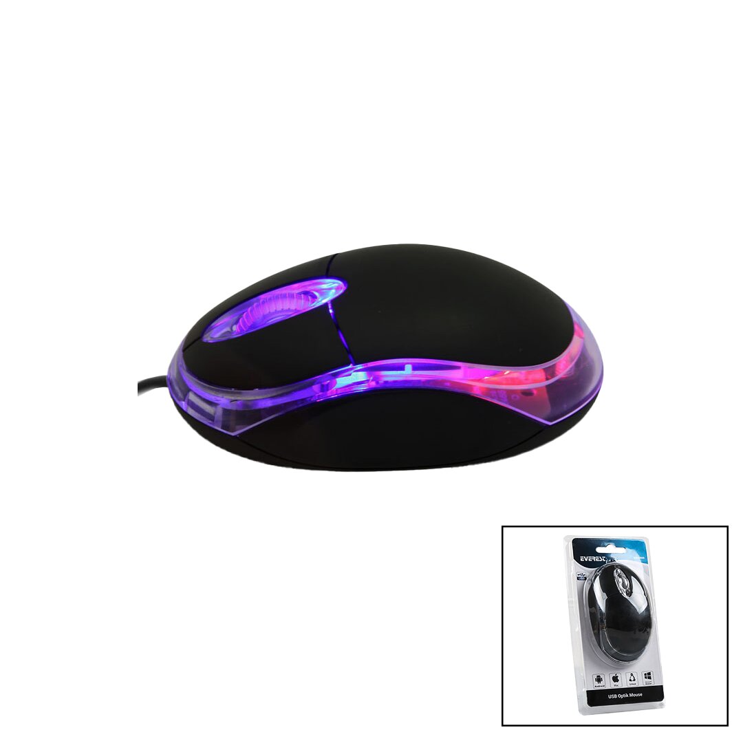 EVEREST KM-6809 KABLOLU USB - IŞIKLI SİYAH OPTİK MOUSE 1200 DPI VAKUMLU AMBALAJ 110CM KABLO