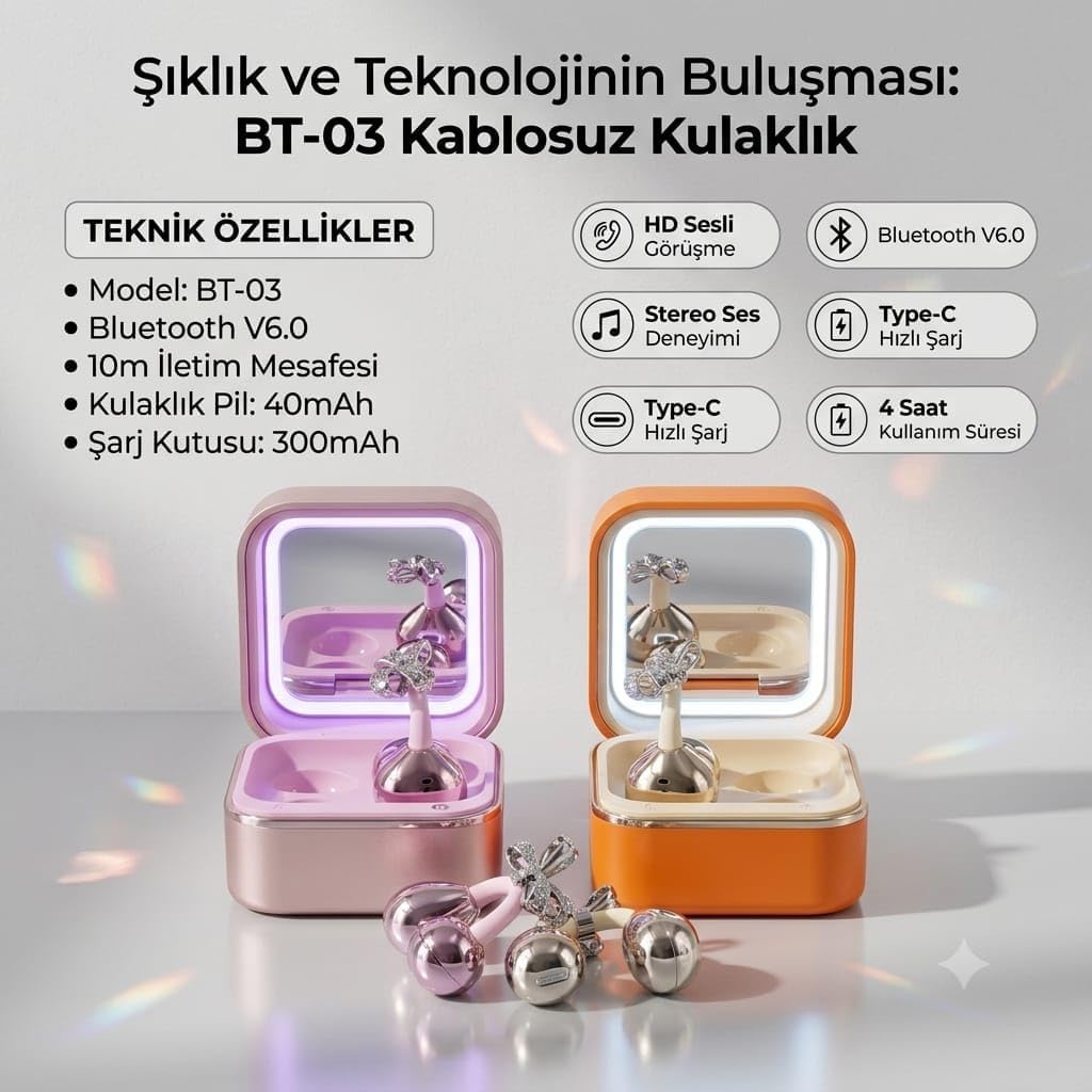 Taşlı Işıklı Aynalı Küpe Tasarımlı Bluetooth Kulaklık V6.0 Stereo HD (pembe rose)