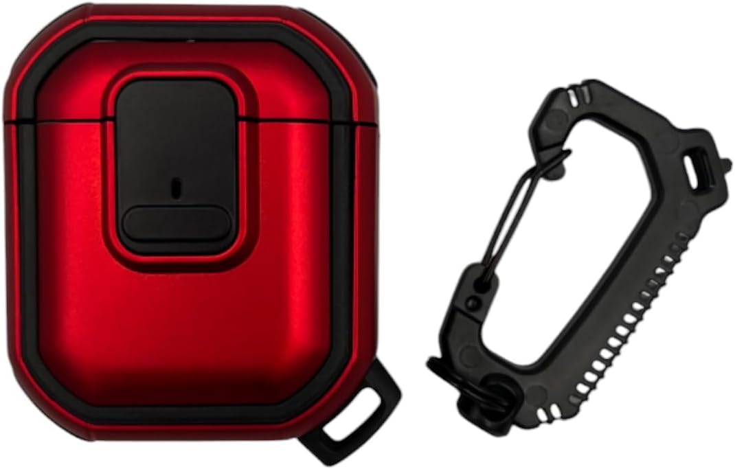 Airpods 1/2 Nesil ile Uyumlu Dayanıklı Koruyucu Tank Kılıf – Şok Emici, Karabina Klipsli, Spor Outdoor Tarzı, Tam Koruma (Kırmızı)