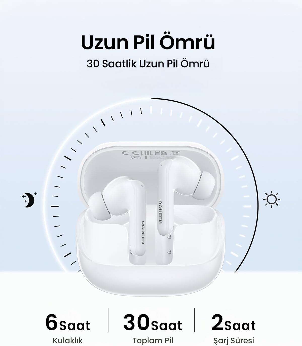 HiTune T6 Magic Aktif Gürrültü Engelleyici Ekranlı Kablosuz Kulak İçi Kulaklık, 30 Saat Çalma Süresi, 4 Mikrofon, ANC, Beyaz, 55137