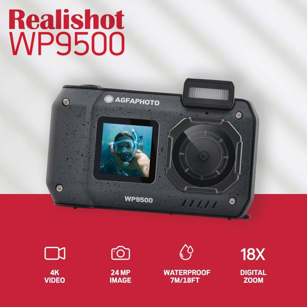 Realishot WP9500 - Su Geçirmez Dijital Kamera, 7 m Su Geçirmez, 24 MP, Zoom 18X, 4K Video, 2,9 inç / 1,4 inç Çift Ekran - Siyah